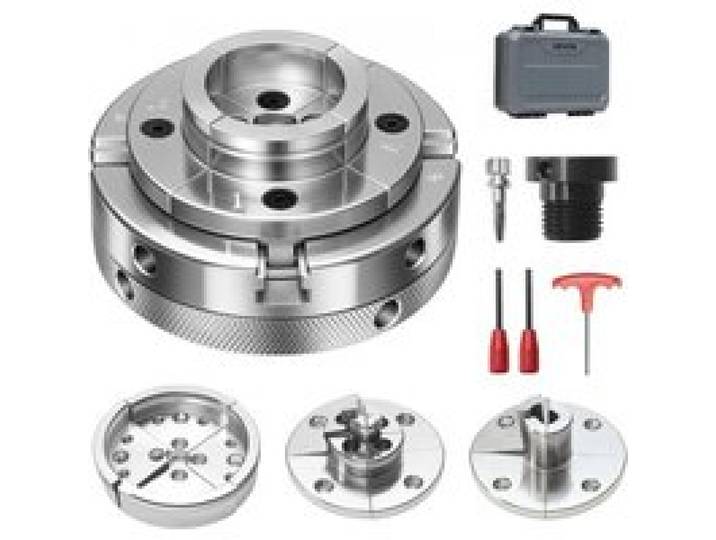 VEVOR 4 Zoll Drechselfutter Zentrierfutter (4 Backen) mit 1 Zoll x 8TPI Gewinde & Adapter, 5-tlg. Spannbacken Set (Stufen/Rund/Stift), Vernickelte Oberfläche mit Tragekoffer für Holzdrehbänke