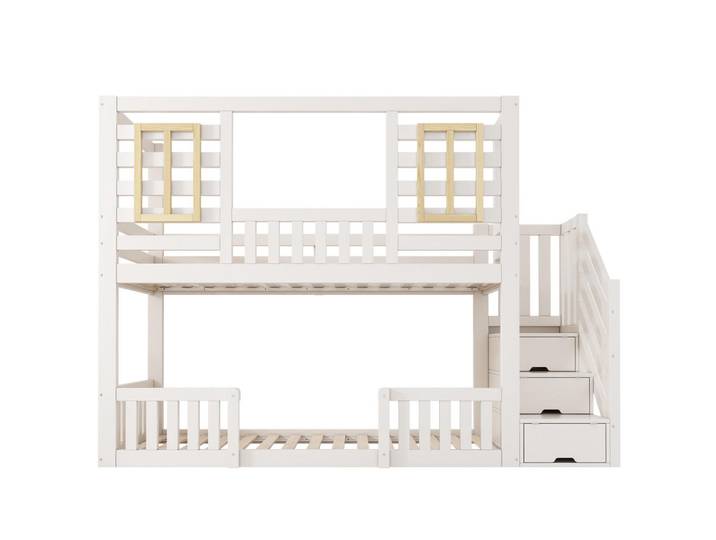 Oxeza Etagenbett 90/200 cm Weiß mit Holzfenstern und Treppenschrank, Mode, Rechteckig, 90x200 cm, Babymöbel & Kindermöbel, Kinderzimmer & Jugendzimmer, Stockbetten