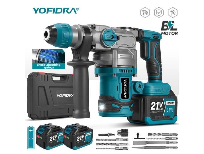 Marteau perforateur électrique sans balais YOFIDRA 3500W, perceuse à percussion 26MM, tournevis multifonction, outil de perçage rotatif compatible avec batterie Makita