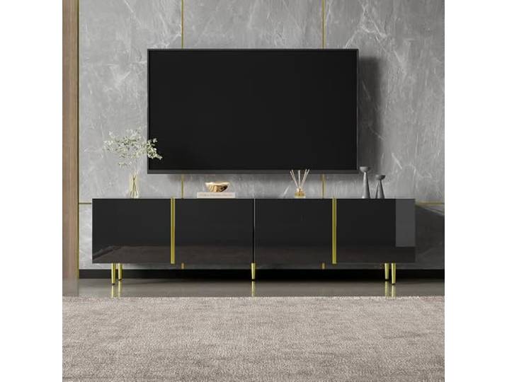 Merax Hochglanz TV Schrank Tv Schrankregal,Tv Lowboard,TV Board mit 4 Türen, in edler Schwarz-Gold-Farbkombination, 170 cm, Soft-Close-Scharniere,ohne Stuhl Schwarze