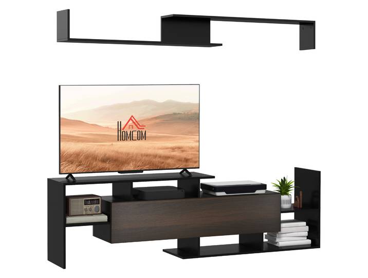HOMCOM Ensemble meuble TV avec banc et étagère murale style contemporain 153,6L cm - noir