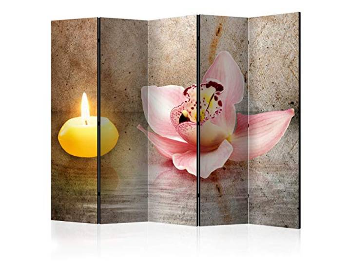 decomonkey Paravent Raumteiler Innen Orchidee Spa Zen, 225x172 cm, 5-teilig Beidseitig, Wohnzimmer, Room Divider, Wall, Raumteiler Stehend, Trennwand, Sichtschutz, Spanische Wand, Sichtschutzwand, Holz
