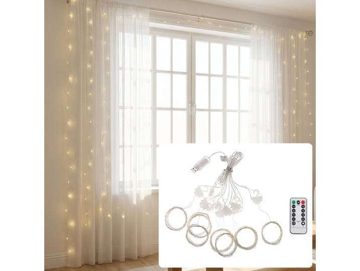 LED-Lichtervorhang mit Fernbedienung, warmweiss, 300 LEDs, USB, 3x3m