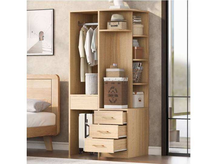 Armoire chambre 70x55x175 cm couleur bois 3 tiroirs étagères multiples et grand espace penderie