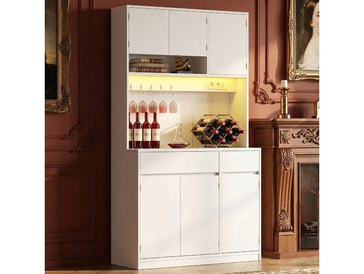Armoire de cuisine, buffet, armoire haute avec prises et bandes lumineuses LED, avec plans de travail et deux tiroirs