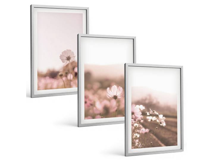 Tulup Bilder SET 3er Set - 40x60 cm Silberner Rahmen - Sommerlandschaften mit Wildblumenwiesen, Silberfarben, Kunststoff, Rechteckig, 40x60 cm, Fotografie, Bilder & Rahmen, Bilder