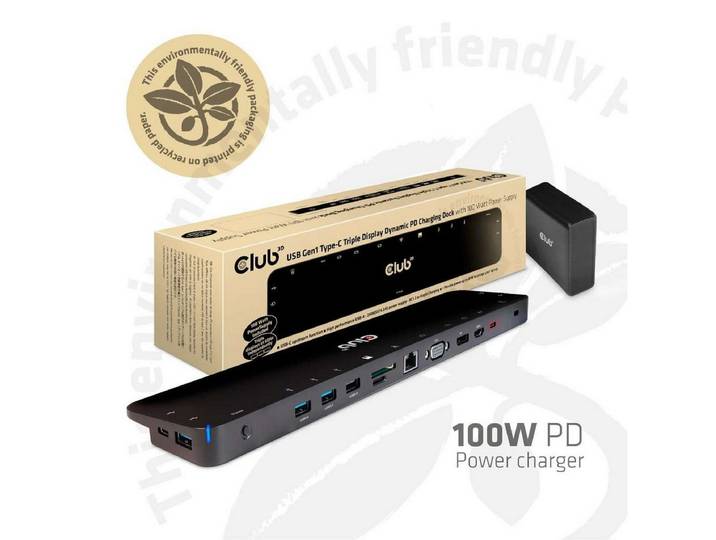CLUB3D Laptop-Dockingstation USB Type C 3.2 Gen1 Triple Display Dynamic PD Charging Dock 100W PD