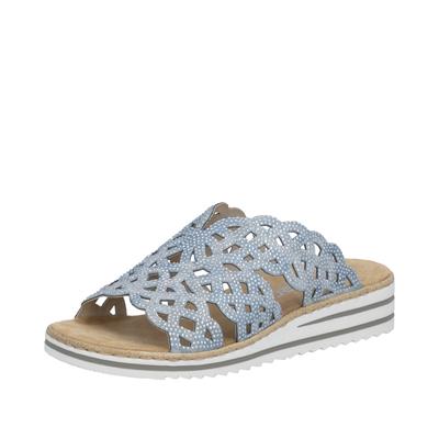 Pantolette RIEKER, Damen, Gr. 40, Synthetik, blau (hellblau), Lederimitat, Schuhe Pantolette, Sommerschuh, Strandschuh, Hausschuh, Keilabsatz, mit Strass-Steinchen