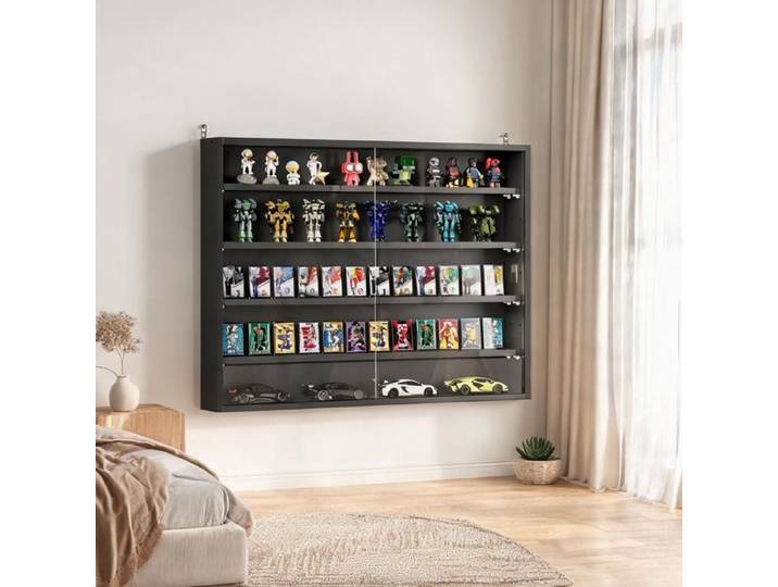 Vitrine murale noire en panneau de particules 80x9 5x60 cm 4 étagères réglables et portes vitrées coulissantes