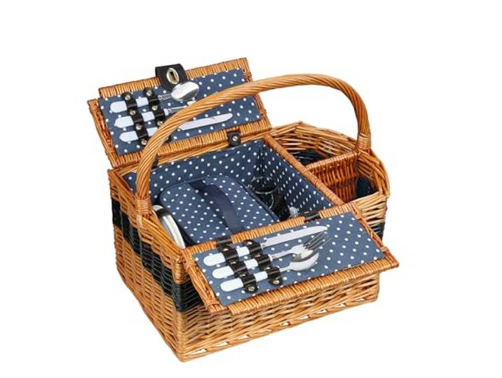 cilio Picknick-Korb CERNOBBIO, Für 2 Personen, Geflochtener Korb mit Deckel, Picknickkorb mit Kühlfach inklusive Teller Set, Besteck, Gläsern und Korkenzieher, Weidenkorb mit Henkel, Hellbraun