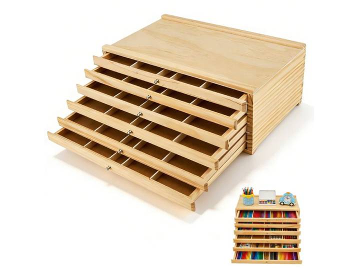 Bloc tiroir en bois 6 cassettes boîte de rangement pour artistes 40x25x15 cm pour pastels crayons peintures