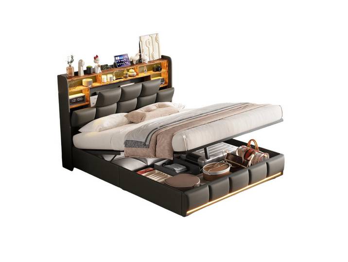 Shopentra Doppelbett 160x200 Schwarz Hydraulik LED Ladestation, 160x200 cm, Schlafzimmer, Betten, Polsterbetten
