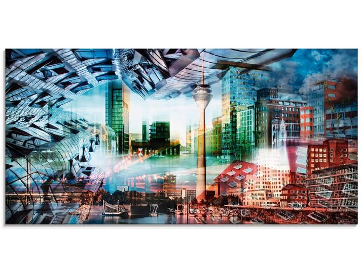 Glasbild ARTLAND Düsseldorf Skyline Collage VII , blau (farbe bild(er): blau), B:60cm H:30cm, Bilder, Glasbild, in verschiedenen Grössen