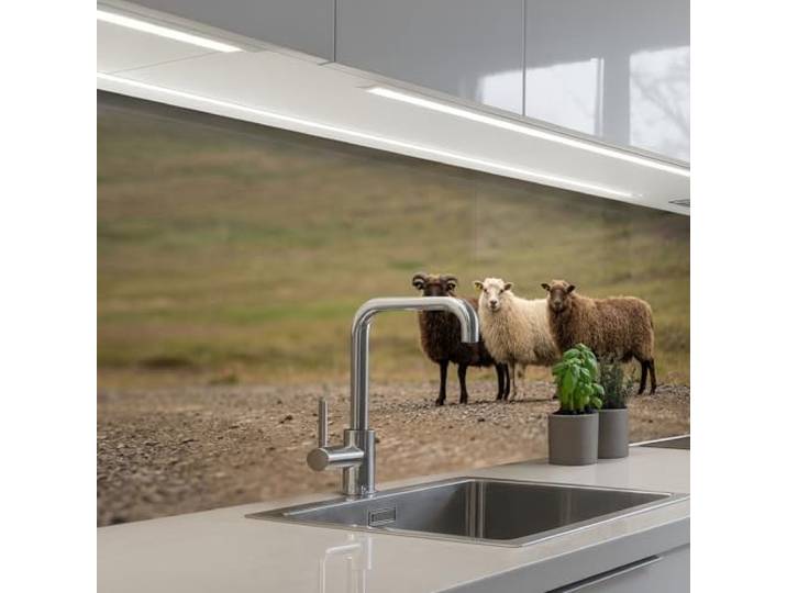 KitchenYeah© Rückwand Küche Rückwandschutz Selbstklebend Spritzschutz 80x200 cm - Küchenrückwand Küchenfront Küchen Selbstklebende Küchenrückwände Schafe - Braun - Weiß - Schotterweg