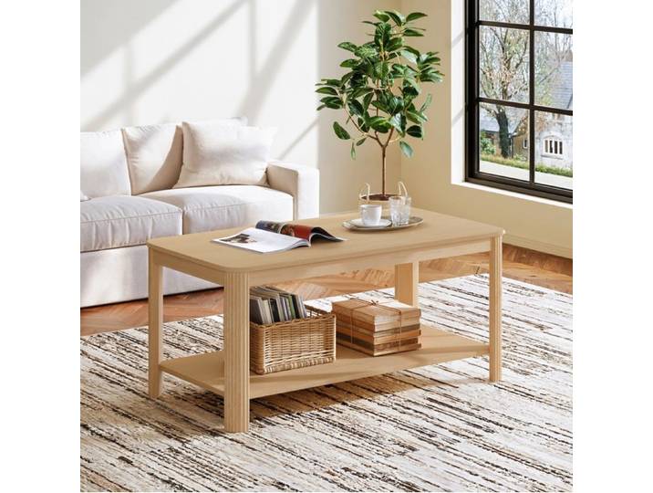 VUENOR Table basse rectangulaire 100 x 50 x 45 cm décor bois naturel – 2 niveaux ouverts