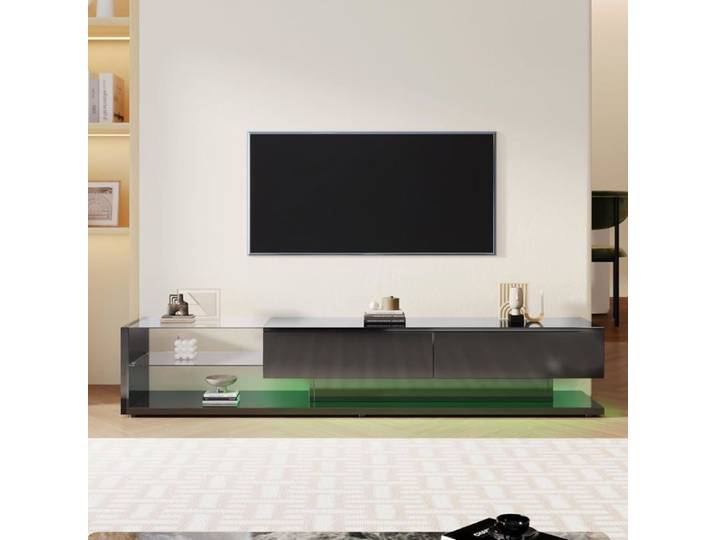 Armoire TV noire avec tiroirs buffet TV avec LED et étagères en verre meuble TV 170 cm pour salon chambre à coucher (noir)