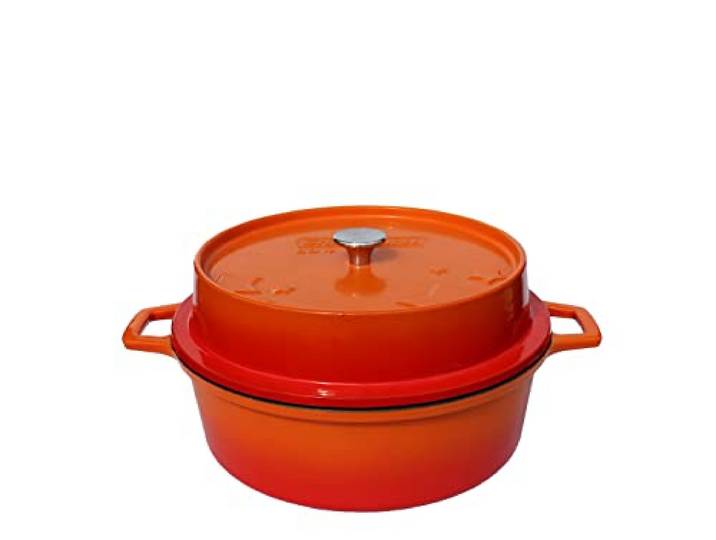 Grillfürst farbig emaillierter Dutch Oven ca. 4 Liter Fassungsvermögen - stabil stehender Gusseisentopf ohne Füße, orangefarbene kratzfeste Emaillierung, multifunktional, ca. 15,5 x 34,3 cm, DO4