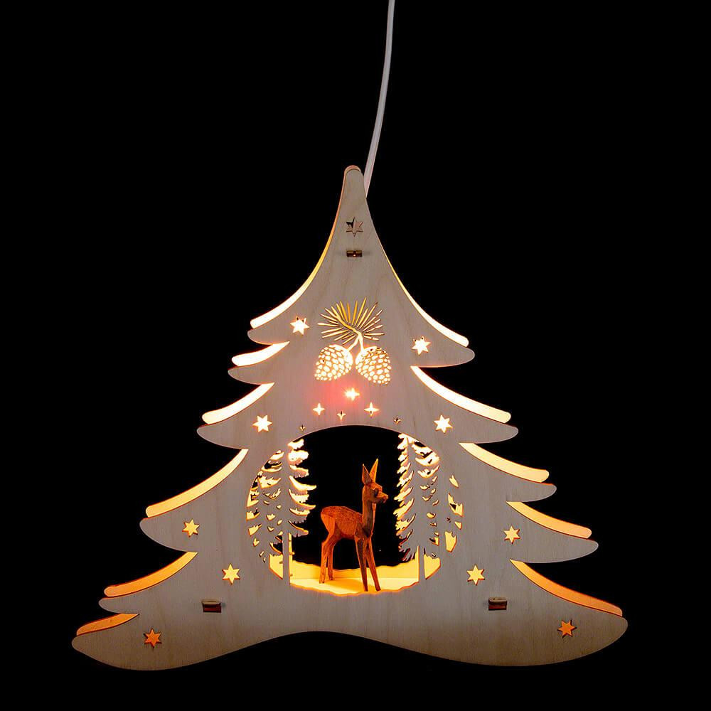 Weigla Holzkunst Vensterdecoratie Kerstboom met ontwerp Gebeeldhouwd hert, 28,5 cm