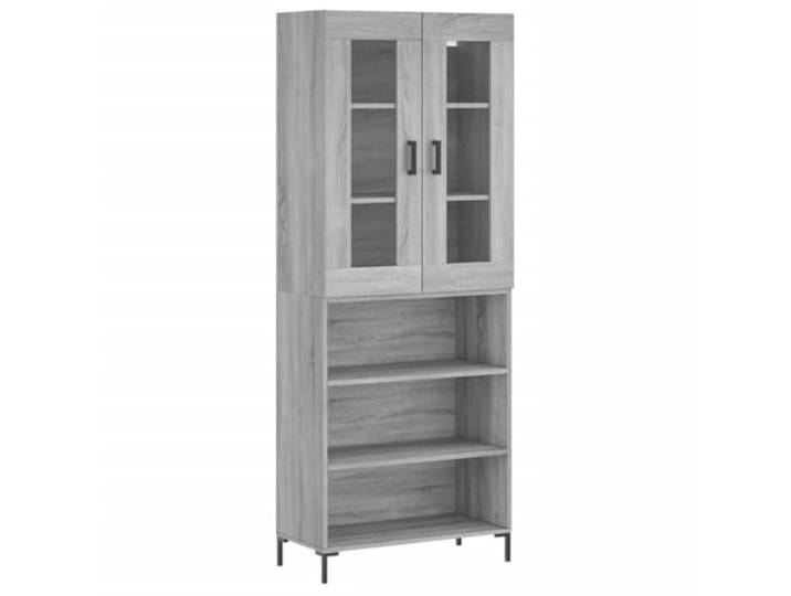 KGFHERENB Highboard Grau Sonoma 69,5x34x180 cm Holzwerkstoff Eleganter Viertürer fürs Wohnzimmer mit robusten Metallfüßen und Glaselementen für ordentliche Aufbewahrung.