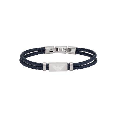 Armband EMPORIO ARMANI "Schmuck Geschenk Edelstahl Leder Armschmuck", blau (edelstahlfarben, blau), Armbänder, Damen, 21cm, Edelstahl Leder, Edelstahl, Leder, Armband