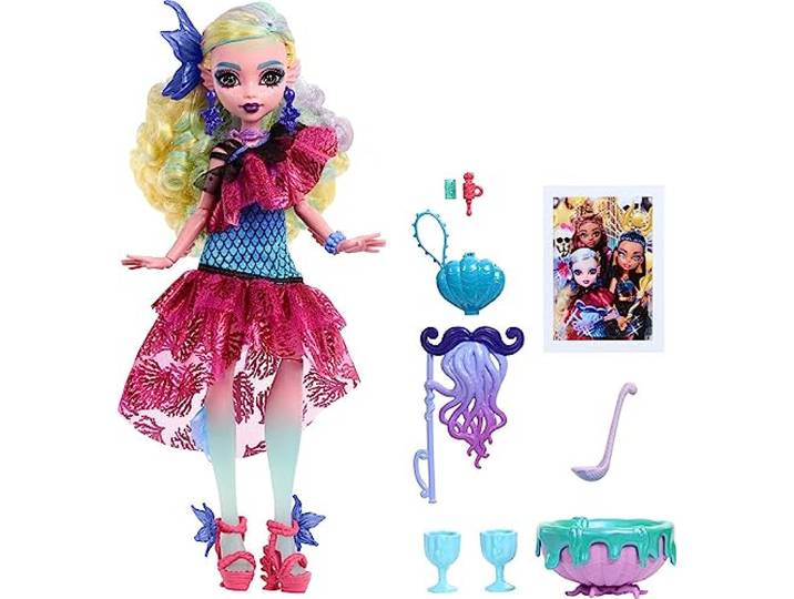 Monster High Muñeca Monster Ball, azul lagoona en vestido de fiesta con accesorios temáticos, incluyendo globos y ponche