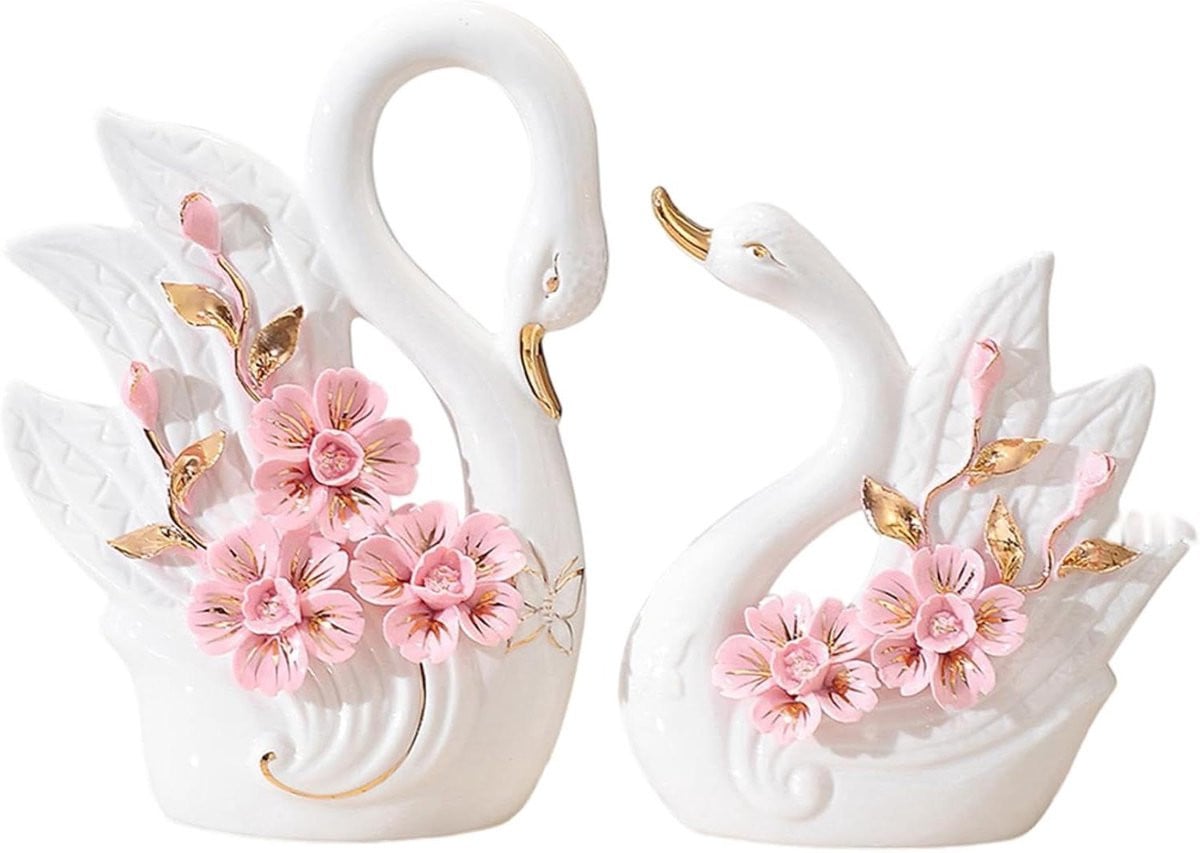 Set van 2 roze keramische zwanenbeeldjes voor decoratie