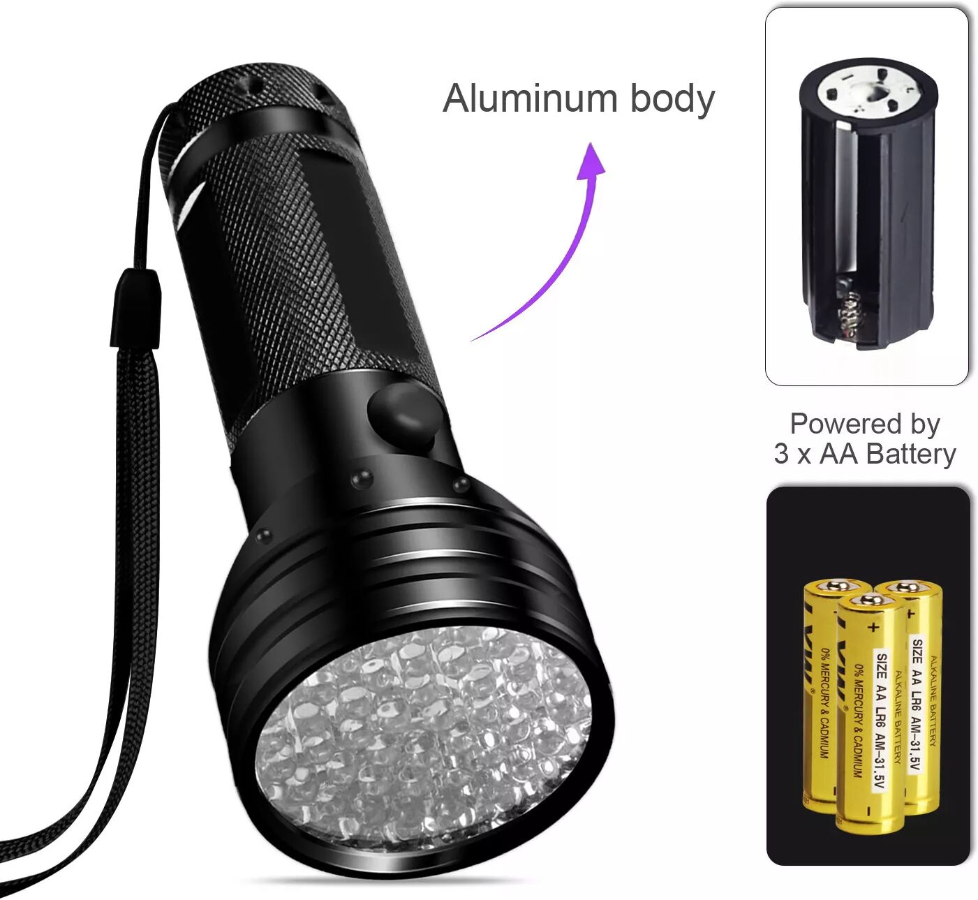 INF Lampe de poche UV étanche avec 51 perles LED à 395 nm