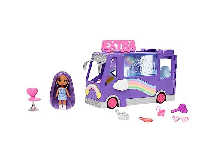 ​Barbie sets, Barbie Extra Mini Mini's Voertuig speelset met pop, Uitbreidbare toerbus, kleding en accessoires, HKF84