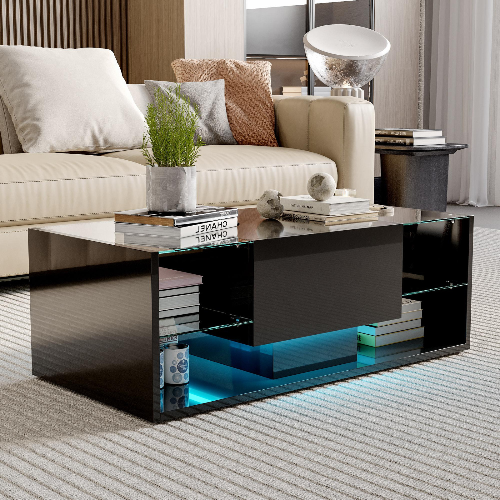 Moonbite zwevende salontafel met LED-verlichting en 1 lade, zwart, B: 100 cm, D: 50 cm