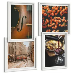 BILDER SET 4er Set - 50x50 cm & 40x60 cm Weißer Rahmen - Vintage Blumen Straße Wein Geige