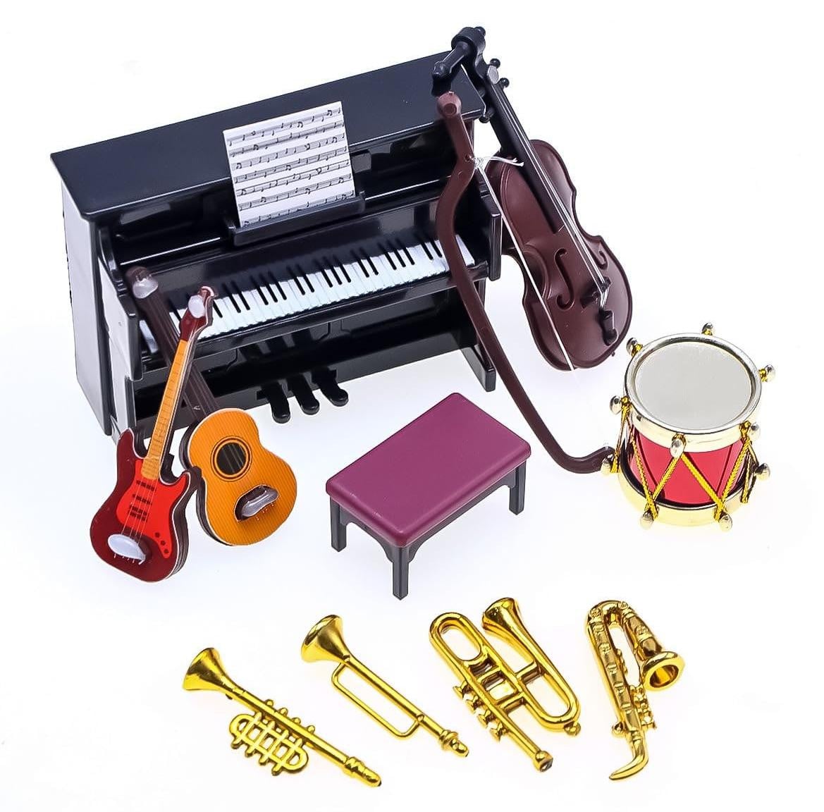 Set van 12 miniature muziekinstrumenten voor poppenhuis accessoires van legering, hout en plastic