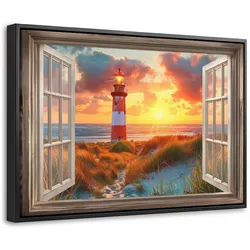 LEINWAND Bilder mit Rahmen - Aussicht - Fenster - Leuchtturm - Sonnenuntergang - Strand - 30x20