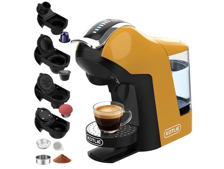 KOTLIE 308B Kapselkaffeemaschine, für NES/DG/MIO/Pulver & ESE(44mm),Gelb Kaffeevollautomat für Zuhause, Büro & Apartment, 3 Temperaturen, 7 Wassermengen,1L Wassertank, 1400 W, schwarz