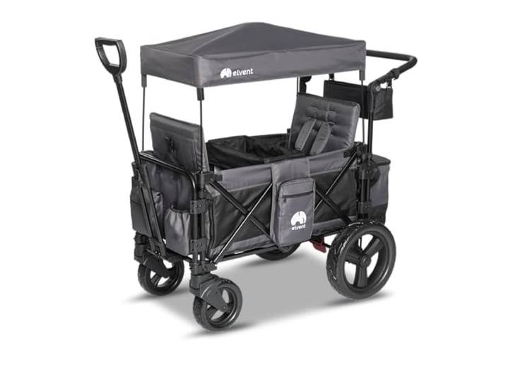 elvent® FamilyStar Comfort 2 Bollerwagen 2-Sitzer Handwagen faltbar mit Dach, 5-Punkt-Gurt, Feststellbremse, 80 kg Premium & Offroad X-Treme Räder (Offroad X-Treme)