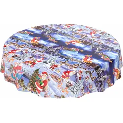 Weihnachtstischdecke Wachstuch Tischdecke abwaschbar Weihnachtsmann Blau - Rund 120 cm, Schnittkante