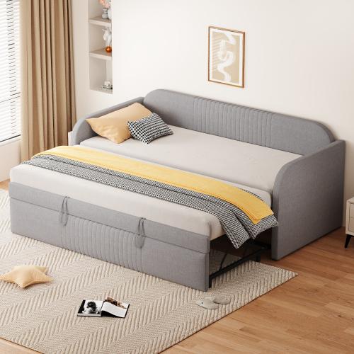 Schlafsofa 90x190cm ausziehbar auf 180x190cm, Polsterbett mit Lattenrost, hellgrau, mit vertikalen Streifen und Leinenstoff für Wohn- oder Gästezimmer