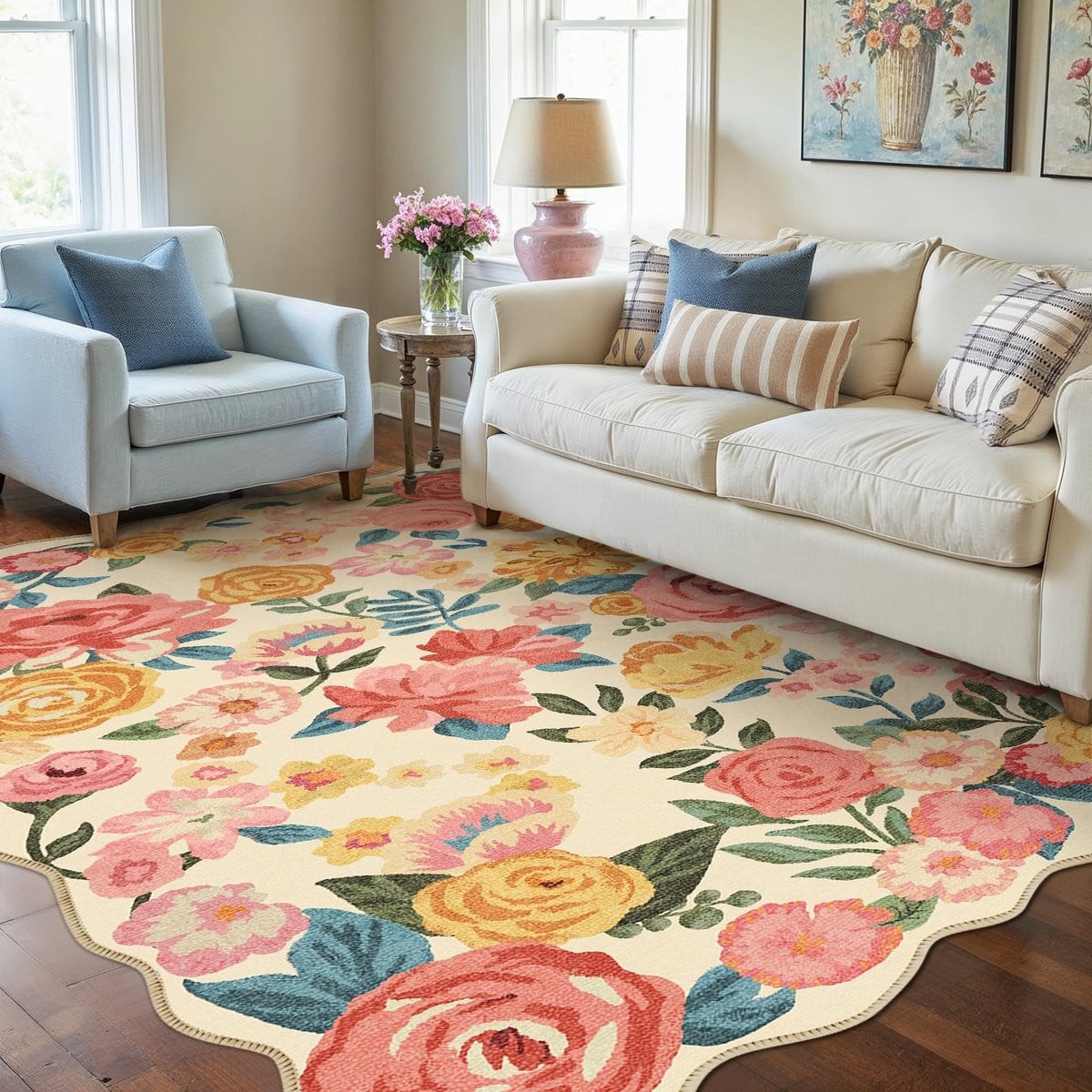 Bohemian Floral Vloerkleed Beige - Rechthoekig en Wasbaar