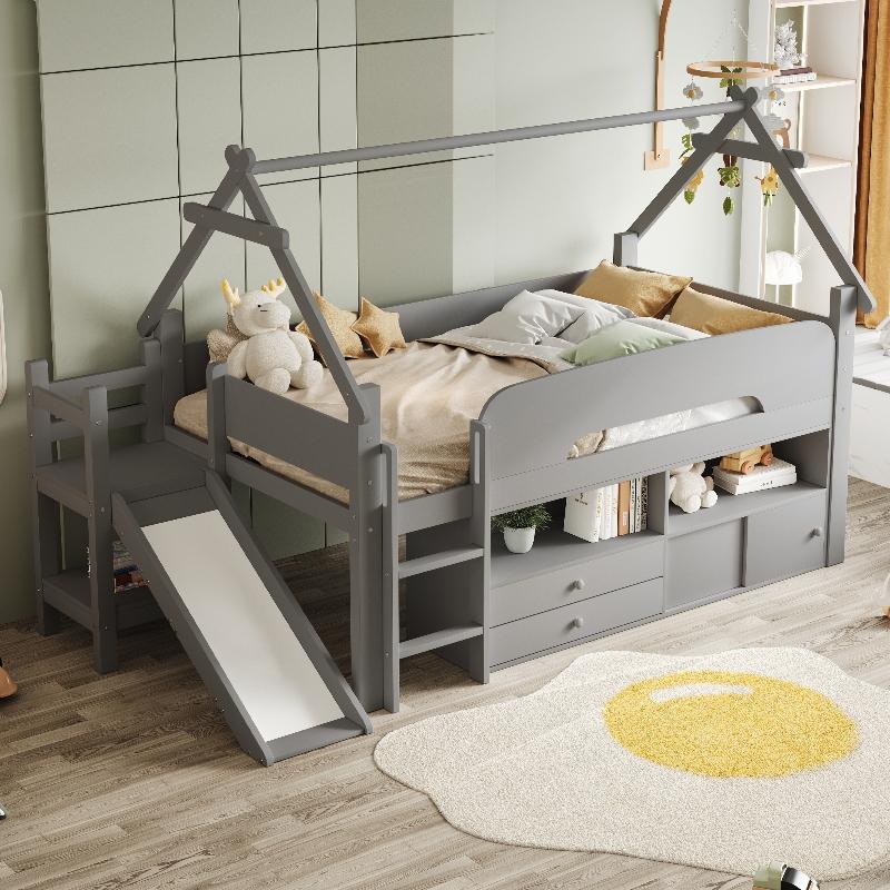 Kinderhochbett 90x200cm mit Rutsche, Schubladen und Sicherheitsgeländer, Kinderbett mit dachförmigem Rahmen aus Massivholz und MDF in Grau