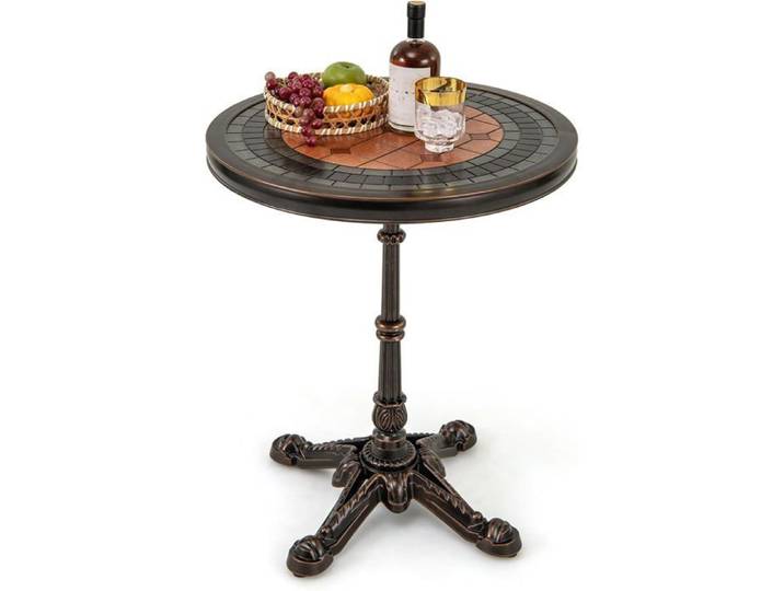COSTWAY Table de Jardin Ronde 60 5 cm en Aluminium Coulé Résistante aux Intempéries Texture Sculptée et Plateau Peint Bronze