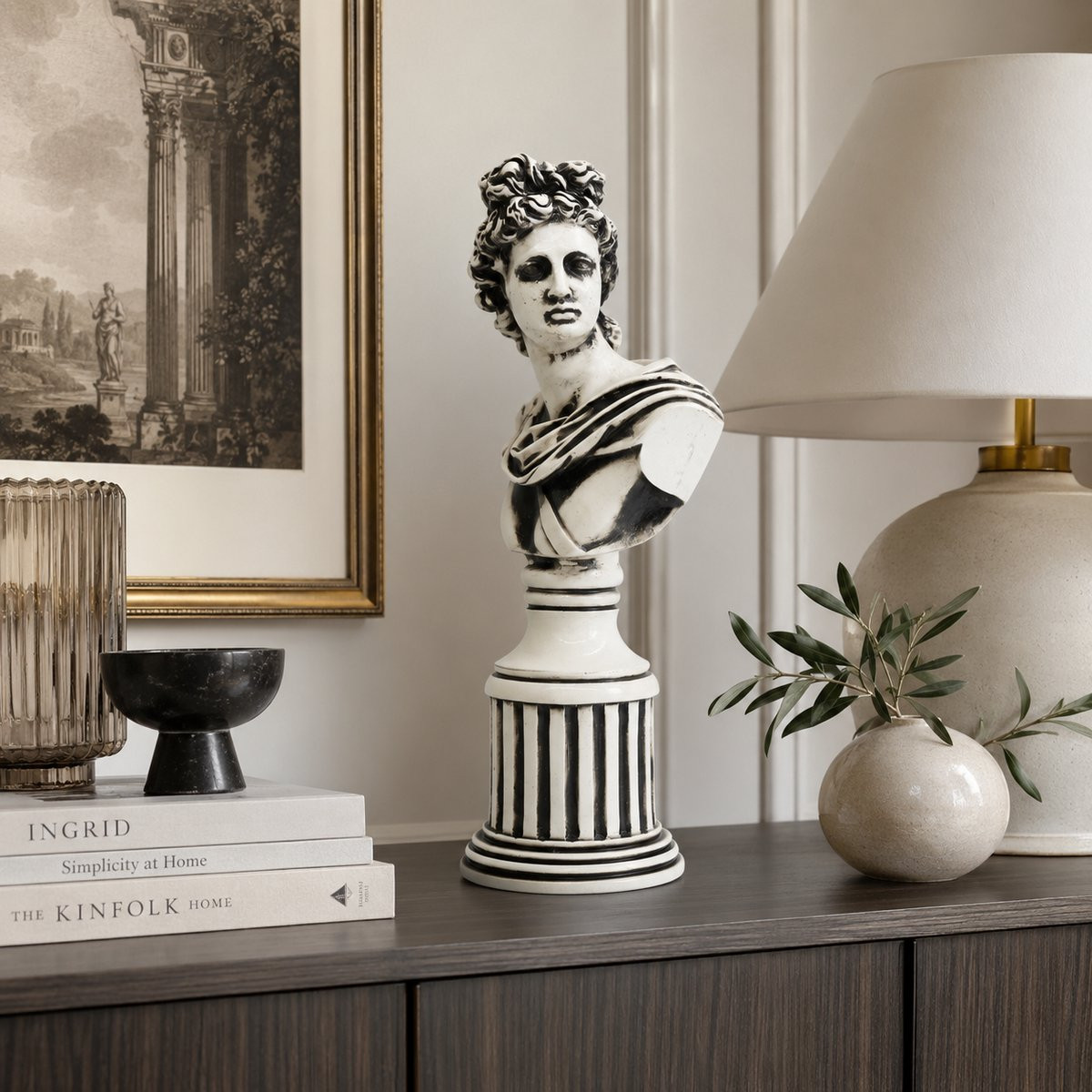 Zirkle Klassiek Apollo Beeld op Sokkel – Zwart Wit Polyresin Buste – Grieks Romeins Standbeeld voor Decoratie