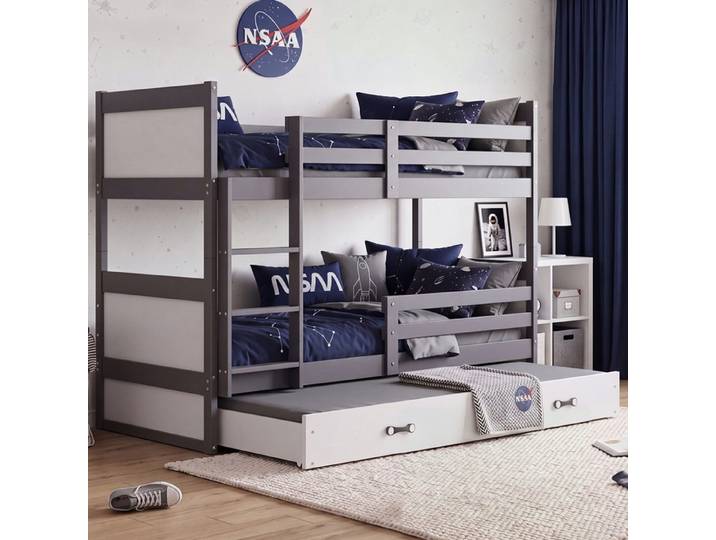 Etagenbett teilbar in 2 Einzelbetten Rico 90x190 cm Grau/Weiß - Stockbett umbaubar, mit 3. Schlafplatz in der Schublade & Rausfallschutz (beidseitig