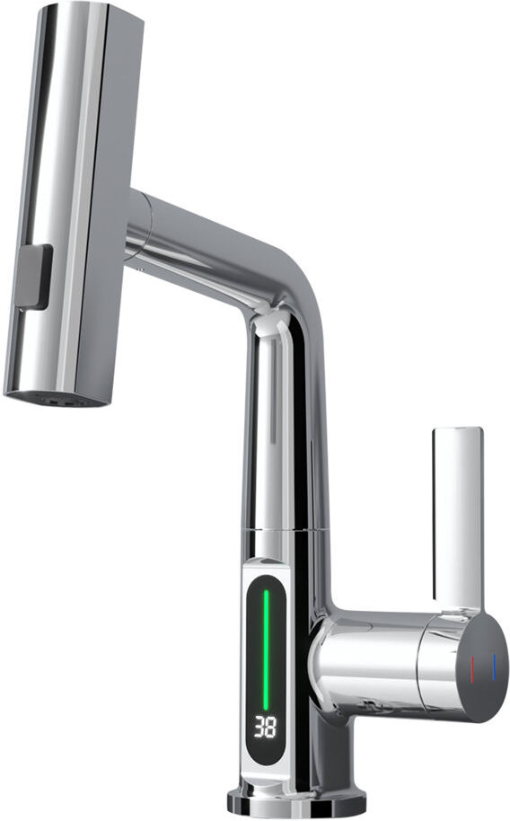 ENER-J Modern Single Hole Basin Faucet with Waterfall, Pull Out Sprayer and LED Temperature Display, Chrome Silver Chrome 30cm