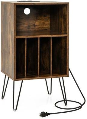 Costway Record Player Stand with Charging Station for Living Room Bedroom-Rustic Brown
