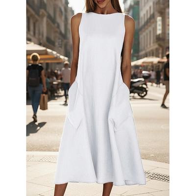 Damen Midikleid ärmellos Taschen lässig A-Linien-Silhouette runder Ausschnitt weiß sommerlich vielseitig normale Passform bequem leicht atmungsaktiv Kleidung