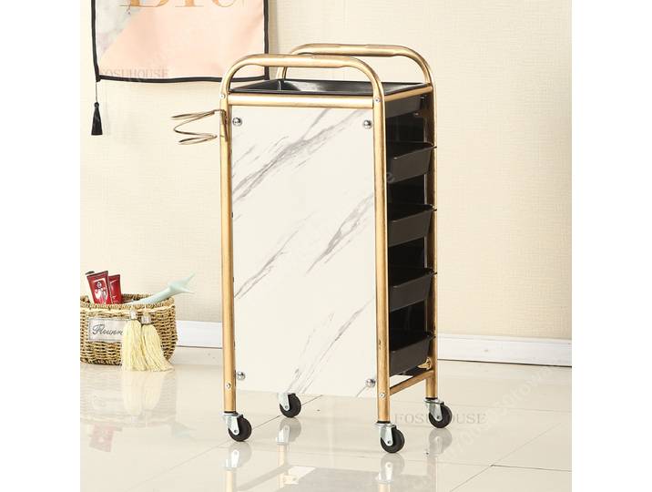 Chariot de Salon de Luxe Doré, Chariot Utilitaire à Roulettes à 5 Tiroirs avec Support pour Sèche-Cheveux, Chariot de Rangement pour Salon et Spa