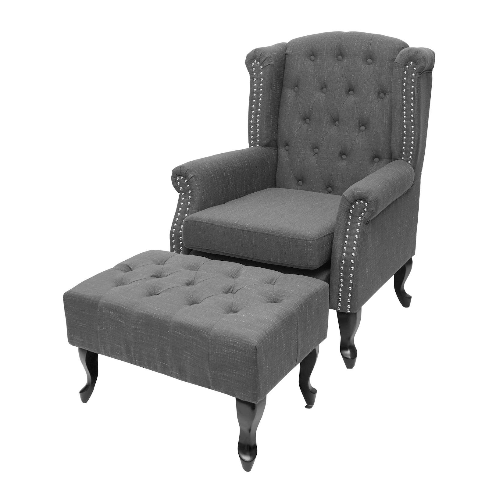 Sessel Chesterfield Oxford, Relaxsessel Clubsessel Ohrensessel, wasserabweisend Stoff/Textil ~ dunkelgrau mit Ottomane