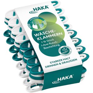 HAKA Wäscheklammern 03099, mit Softgrip, aus Kunststoff, grün-weiß, 16 Stück