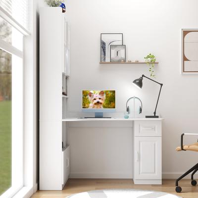 GREATPLANINC 2-in-1 L-Shaped Corner Computer Desk with Storage Cabinet & Lower Shelf, Home Office Desk with Drawers & Bookshelf