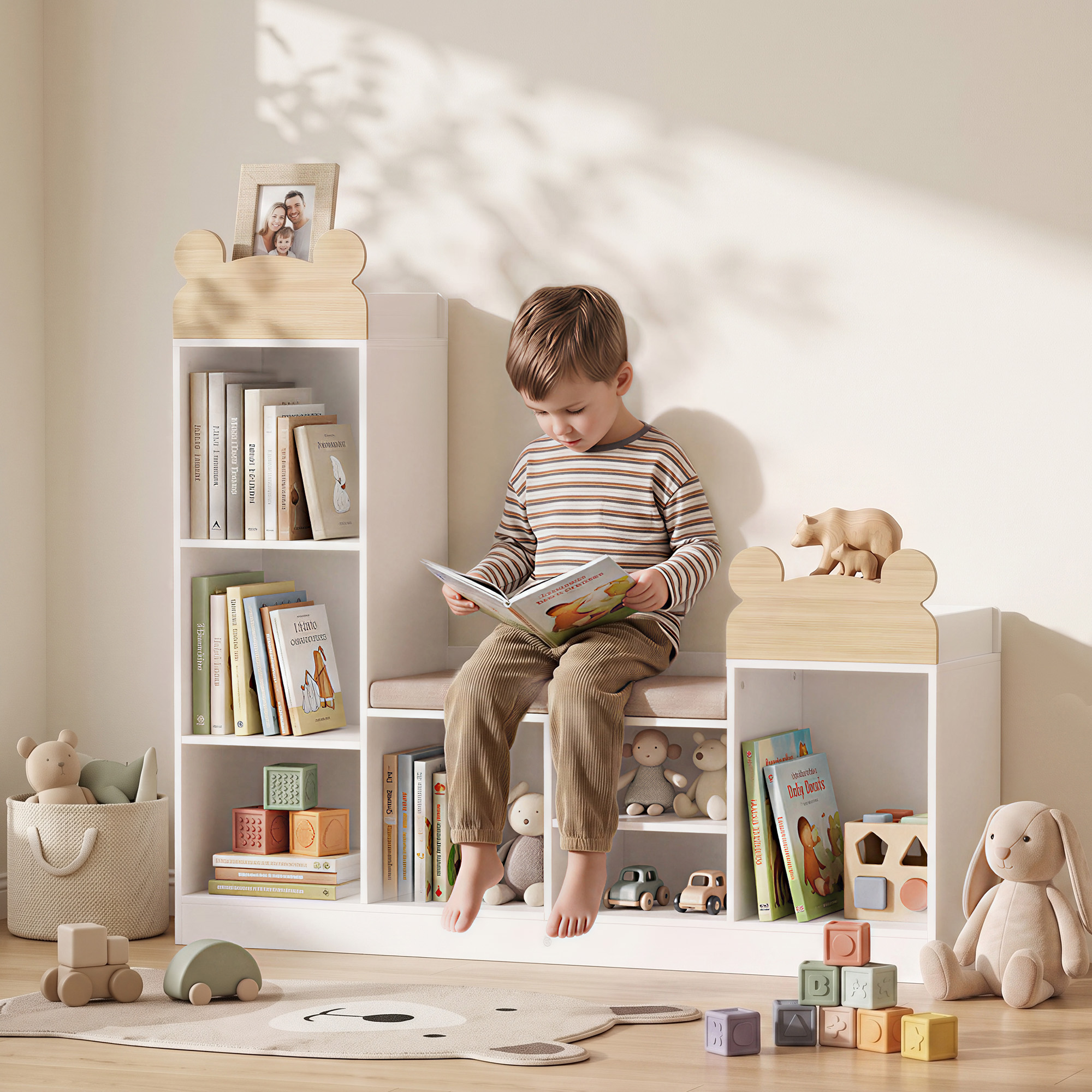Aiyaplay Libreria 3 in 1 per bambini con panca, 6 scomparti e cuscino, bianco   Aosom Italy