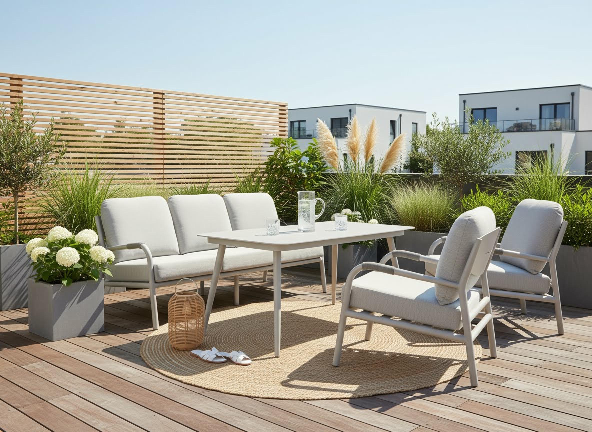 Gartenlounge-Set KONIFERA "Fernando", grau (beige, beige), Aluminium, Wicker/Kunststoffgeflecht, Sitzmöbel-Sets, Gartenlounge-Set, bestehend aus 2 Sesseln, 1 Sofa, 1 Tisch und Sitzauflagen